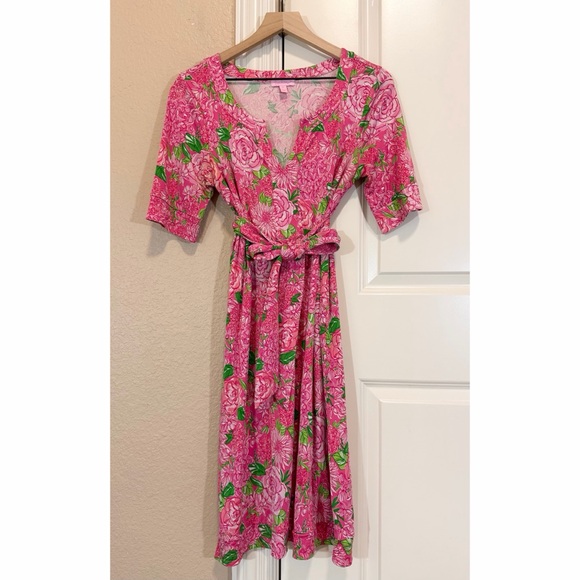 Lilly Pulitzer Silk Dress Daiquiri Pink Green Floral Print Tie Waist Size 10 - Picture 2 of 10